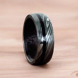 Damascus Steel Whiskey Barrel Steel Ring Engagement Ring Promise Ring Wood Inlay Damascus Steel Ring Him Her Wedding Ring Wood Wedding Band.