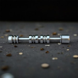 May include: A silver metal barbell-shaped object with a cylindrical center and rounded ends. The center has three grooved sections. The object is lying on a dark, textured surface.