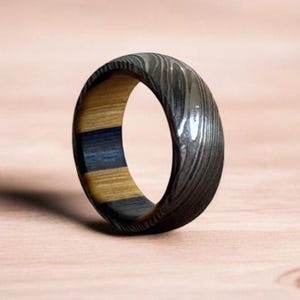 Damascus Steel Rings Wood Inlay Domed Engagement Ring Mens Promise Ring Wood Wedding Ring Wedding Band Damascus Steel Whiskey Barrel Rings.