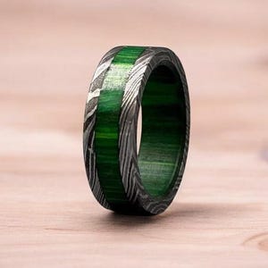 Damascus Steel Whiskey Barrel Ring Engagement Wedding Ring Wood Inlay Damascus Steel Ring Mother day Gift Her Wood Wedding Band Promise Ring