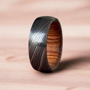 Damascus Steel Rings Wood Inlay Engagement Ring Mens Promise Ring Wood Wedding Ring Wedding Band Damascus Steel Whiskey Barrel Steel Rings.