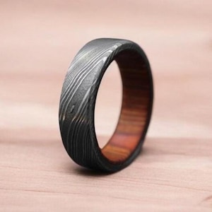 Damascus Steel Whiskey Barrel Ring Engagement Ring Wood Inlay Damascus Steel Ring Him Wedding Ring Wood Wedding Band Promise Ring For Her.
