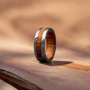Whiskey Barrel Ring Engagement Damascus Steel Wedding Ring Wood Wedding Band Promise Ring Wood Inlay Damascus Steel Ring Valentines Gift Him