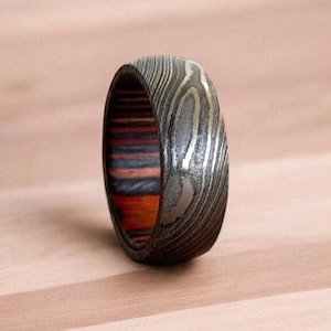 Damascus Steel Whiskey Barrel Domed Shaped Ring Engagement Ring Wood Inlay Damascus Steel Ring Him Wedding Ring Wood Wedding Band For Her.