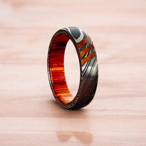 Damascus Steel Whiskey Barrel Steel Rings Dome Promise Ring Damascus Steel Rings Wood Inlay Engagement Ring Wedding Band Wood Wedding Ring.