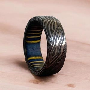 Damascus Steel Rings Wood Inlay Engagement Ring Wedding Band Whiskey Barrel Damascus Steel Rings Mens Promise Ring Wood Wedding Band Gift.