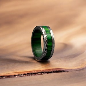 Damascus Steel Whiskey Barrel Ring Engagement Wedding Ring Wood Inlay Damascus Steel Ring Mother day Gift Her Wood Wedding Band Promise Ring