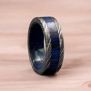 Unique Damascus Whiskey Barrel Ring Engagement Wedding Ring 5mm Wood Wedding Band Promise Ring Wood Inlay Damascus Ring Anniversary Gift Him