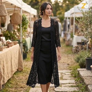 Modèle PDF de cardigan plumeau au crochet gothique, cardigan ouvert en dentelle noire, Witchy Crochet portable XS-5XL