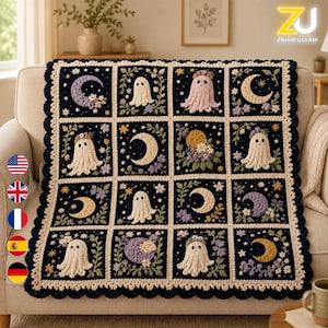 May include: A dark blue crochet blanket featuring a grid of sixteen square panels. Each panel displays textured motifs of white ghosts, crescent moons, and floral arrangements in shades of yellow, purple, and green, finished with a scalloped border.