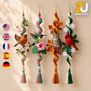 May include: Four vertical hanging ornaments featuring crocheted spiral designs, each adorned with a unique bird and seasonal elements: a robin with cherry blossoms, a hummingbird with hibiscus, an owl with autumn leaves, and a cardinal with holly.