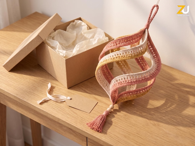 May include: A spiral-shaped crochet ornament featuring alternating bands of dusty rose, cream, and mustard yellow yarn. The decorative piece includes a braided hanging loop at the top, a wooden bead accent, and a matching dusty rose tassel at the bottom.