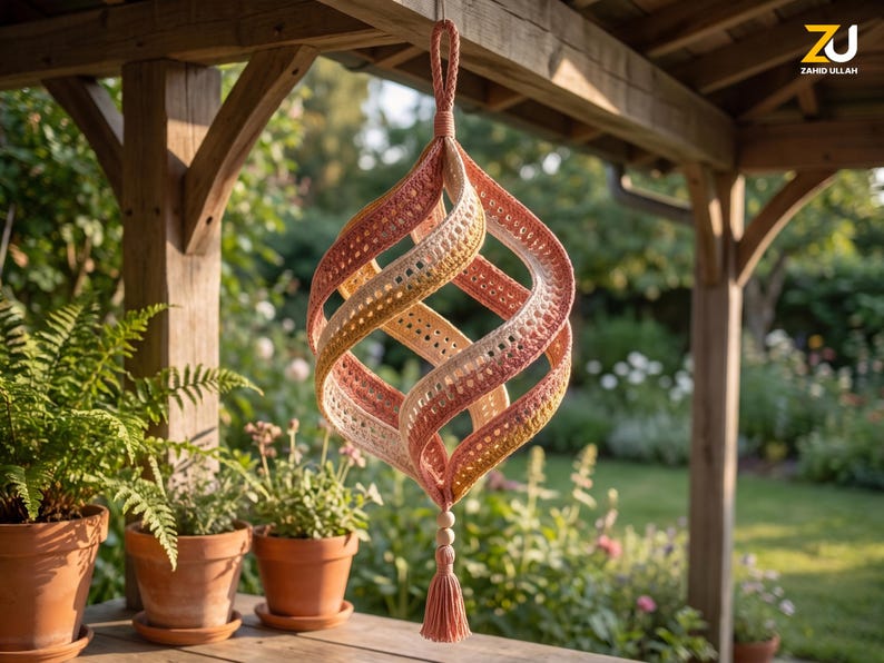 May include: A hanging crochet ornament featuring a spiraling, open-work design in a gradient of peach, yellow, and cream yarn. The structure is suspended by a braided loop at the top and finished with a small tassel and wooden beads at the bottom.