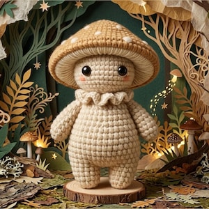 Puede incluir: Una muñeca de crochet con forma de hongo con una gorra marrón salpicada de puntos blancos y un cuerpo color crema. La muñeca tiene grandes ojos negros y un cuello con volantes. Se encuentra sobre una rodaja de madera, rodeada de un diorama de papel con temática forestal.