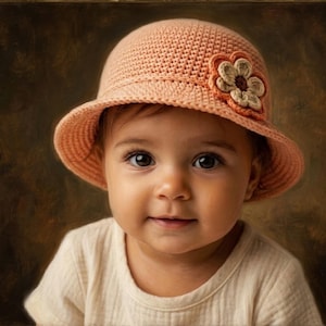 May include: A young child wearing a peach-colored, crocheted sun hat with a flower applique. The hat has a wide brim and a rounded crown. The child is also wearing a light-colored shirt.