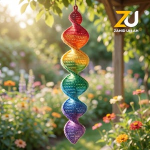 Könnte beinhalten: Eine hängende Spiraldekoration aus gehäkeltem Garn mit einem lebendigen Regenbogenverlauf in Rot, Orange, Gelb, Grün, Blau und Violett. Die Struktur ist zu einer vertikalen Helixform gedreht und besitzt eine Schlaufe an der Oberseite zum Aufhängen.