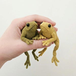 Könnte beinhalten: Zwei gehäkelte Froschfiguren in Grün- und Gelbtönen. Die Frösche haben schwarze Augen und detaillierte Gliedmaßen. Die Figuren werden in einer Hand vor einem schlichten Hintergrund gehalten. Die Frösche sind handgefertigt.