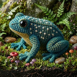 May include: A handcrafted crochet frog in teal and yellow, with white polka dots, sits amidst moss, ferns, and miniature mushrooms. The frog has large, dark eyes and is surrounded by small stones, creating a whimsical, nature-inspired scene.