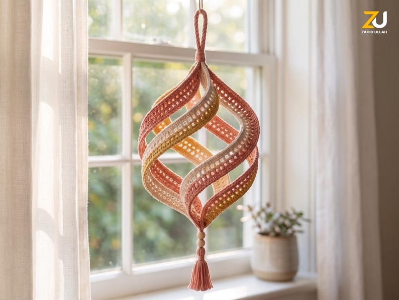 May include: A hanging crochet ornament featuring a spiraling, spherical shape constructed from interconnected bands in shades of dusty pink, cream, and muted yellow. The piece includes a top loop for suspension and a bottom wooden bead with a tassel.