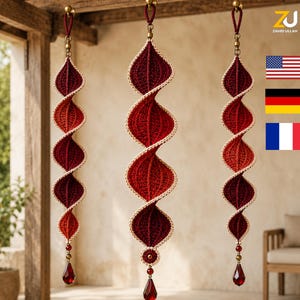 Crochet Wind Spinner Pattern PDF, Crimson Flame Leaf Twist Trio, Sculptural Helix Decor for Windows and Sheltered Porches