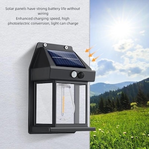 May include: A black solar-powered outdoor light fixture with a rectangular design. It features a solar panel on top, a motion sensor, and a glass-enclosed light. The text on the image says, "Solar panels have strong battery life without wiring."