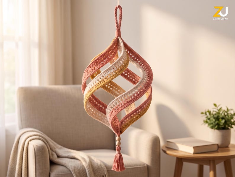 May include: A hanging spiral ornament crafted from crocheted fabric in a gradient of dusty rose, soft yellow, and cream. The structure features a twisted, open-work design with a braided top loop and a bottom tassel accented by two wooden beads.
