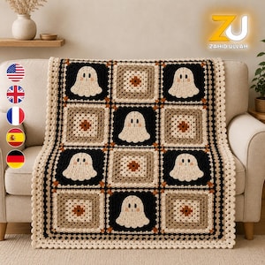Ghost Granny Square Blanket Crochet Pattern PDF, Halloween Throw with Floral Squares, Spooky Fall Decor, Digital Download