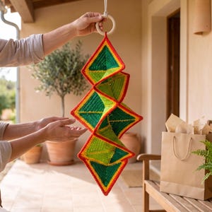 Puede incluir: Un móvil de ganchillo colgante que presenta una serie de paneles en forma de diamante conectados en hilo verde, amarillo y rojo. La estructura está suspendida de un anillo de madera circular y muestra un diseño geométrico en espiral.