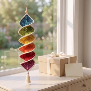 Puede incluir: Una decoración de ganchillo en espiral colgante con un degradado de colores azul, verde, amarillo, naranja, rojo y morado, terminada con un borde blanco y una borla. Una cuenta de madera está en la parte superior y el logo ZU ZAHID ULLAH es visible.