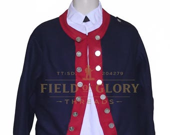 Historisch militair herenjack – koloniale blauwe en rode uniformstijl met zilveren knoopdetails