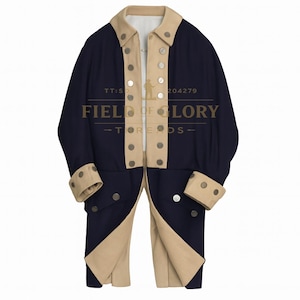 May include: A navy blue historical coat with tan lapels, cuffs, and lining. The coat features silver-coloured buttons and is open in the front, revealing the tan lining. The text "FIELD OF GLORY - TOREDS -" is printed on the coat.