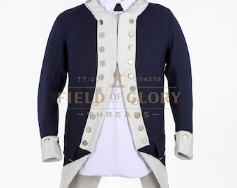 Koloniale militaire kostuumjas heren – marineblauw met grijze rand, Amerikaanse revolutionaire stijl