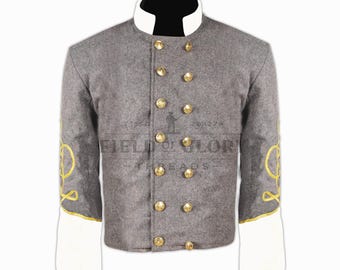 Confederate jack met dubbele rij knopen – grijze wol met gekleurde manchetten en kraag vlechtwerk 2e rij