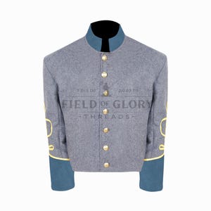 May include: A gray Civil War jacket with gold buttons and trim. The jacket has a blue collar and cuffs, and the text "FIELD OF GLORY THREADS" is printed on the front.