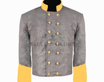 Confederate Civil War grijze schaaljas – double-breasted met gekleurde manchetten en kraag, effen