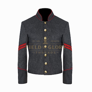 May include: A gray wool jacket with a mandarin collar and gold buttons. Red trim accents the collar, cuffs, and sleeves, with two red stripes on each sleeve. The jacket features the text "FIELD & GLORY - THREADS".