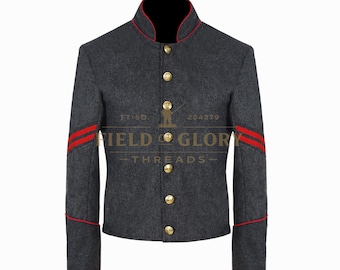 Grijze wollen jas Civil War Richmond: re-enactment, rode biezen