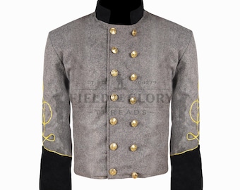 Confederate Civil War grijze double-breasted shell jas – gekleurde manchetten en kraag vlecht met 1 rij