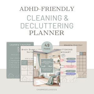 May include: An ADHD-friendly cleaning and decluttering planner with 49 pages. The planner includes a laundry launcher, brain dump sorter, decluttering flowchart, and weekly tracker. The cover features a watercolor illustration of a living room.