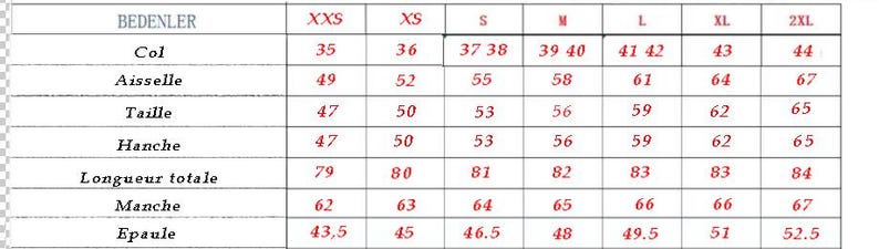 Puede incluir: Tabla de tallas para ropa en diferentes tallas, incluyendo XXS, XS, S, M, L, XL y 2XL. Las medidas se indican en cent&iacute;metros para el cuello, la axila, la cintura, la cadera, la longitud total, la manga y el hombro.