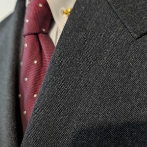 Puede incluir: Primer plano de una chaqueta de traje gris oscuro con una camisa blanca con cuello y una corbata burdeos. La corbata presenta peque&ntilde;os lunares blancos. Se ve un alfiler de corbata dorado.