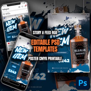 Whisky Promo Flyer PSD Vorlage | Grunge Bar Poster Design für Instagram Feed, Story & Print | Bearbeitbares Nachtleben Digitaler Download