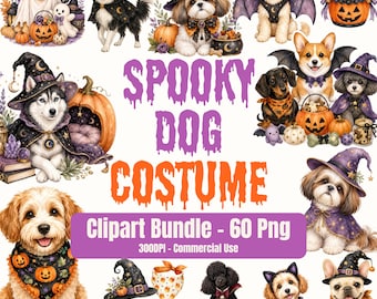 Spooky Dog Costume Clipart Bundle, 60 Halloween Witch Dog & Pet PNG (Digital Download)