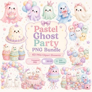 Könnte beinhalten: Eine digitale Sammlung von Pastell-Geisterparty-Illustrationen mit Geistern, Kuchen, Cupcakes, Luftballons und Geschenken. Der zentrale Text lautet Pastel Ghost Party PNG Bundle, 40 PNG Clipart Elements, Transparent PNG, 300 DPI, High Resolution.