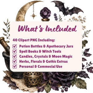 Gothic Apothecary Witch Clipart Bundle, Potion Bottles, Dark Botanical PNG, Mystical Stationery with 40 PNG files featuring potion bottles, spell books, candles, crystals, dark botanicals, moon magic, black florals, ravens, and mystical stationery elements.
gothic clipart, witch clipart, apothecary png, potion bottle png, dark botanical, mystical png, spell book png, witchy stationery, gothic journal, moon magic png, crystal clipart, gothic floral png, digital download