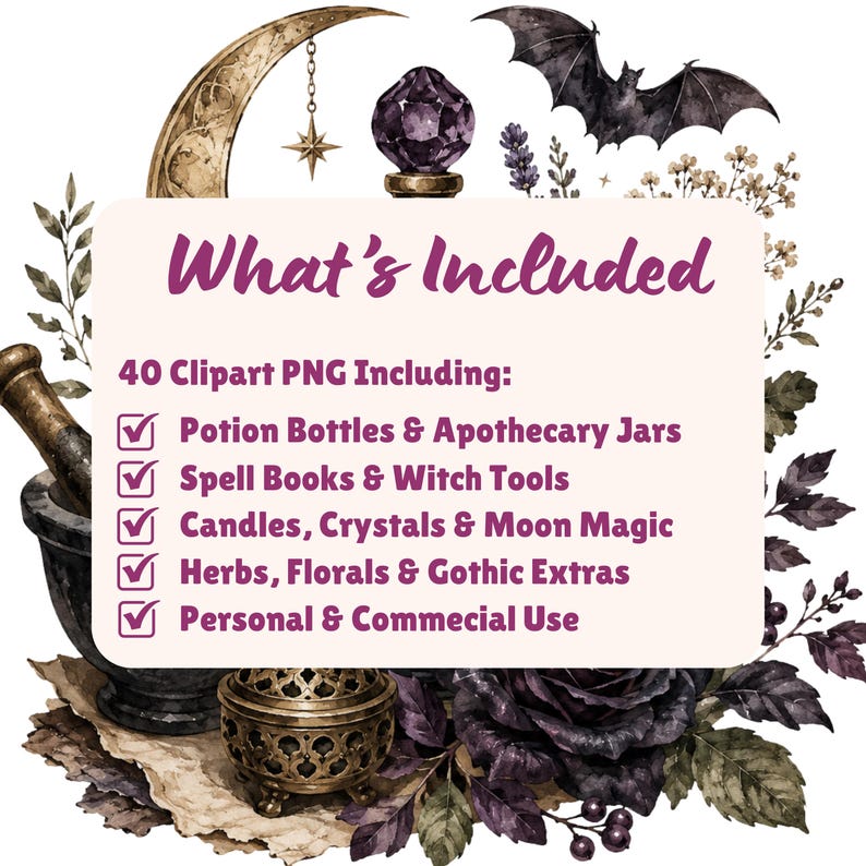 Gothic Apothecary Witch Clipart Bundle, Potion Bottles, Dark Botanical PNG, Mystical Stationery with 40 PNG files featuring potion bottles, spell books, candles, crystals, dark botanicals, moon magic, black florals, ravens, and mystical stationery elements.
gothic clipart, witch clipart, apothecary png, potion bottle png, dark botanical, mystical png, spell book png, witchy stationery, gothic journal, moon magic png, crystal clipart, gothic floral png, digital download