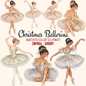 Peut inclure: Une collection d'illustrations à l'aquarelle représentant des ballerines en tutus ornés avec des détails dorés et floraux. Le texte indique Christmas Ballerina WATERCOLOR CLIPART 28PNGs - 300DPI. Les danseuses sont représentées dans diverses poses, portant des robes complexes dans des tons de rose, bleu et vert.