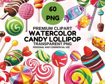 Puede incluir: Una colección de imágenes prediseñadas de acuarela de caramelos y piruletas. La imagen presenta varios caramelos coloridos, incluyendo piruletas, caramelos envueltos y golosinas cubiertas de chocolate. El texto en la imagen dice "Premium Clipart Watercolor Candy Lollipop".