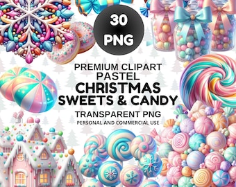 May include: A collection of pastel-colored Christmas sweets and candy clipart. The image includes lollipops, gingerbread houses, donuts, and jars of candy. The text on the image reads "Premium Clipart Pastel Christmas Sweets & Candy".