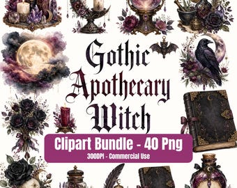 Gothic Apothecary Witch Clipart Bundle, Potion Bottles, Dark Botanical PNG, Mystical Stationery